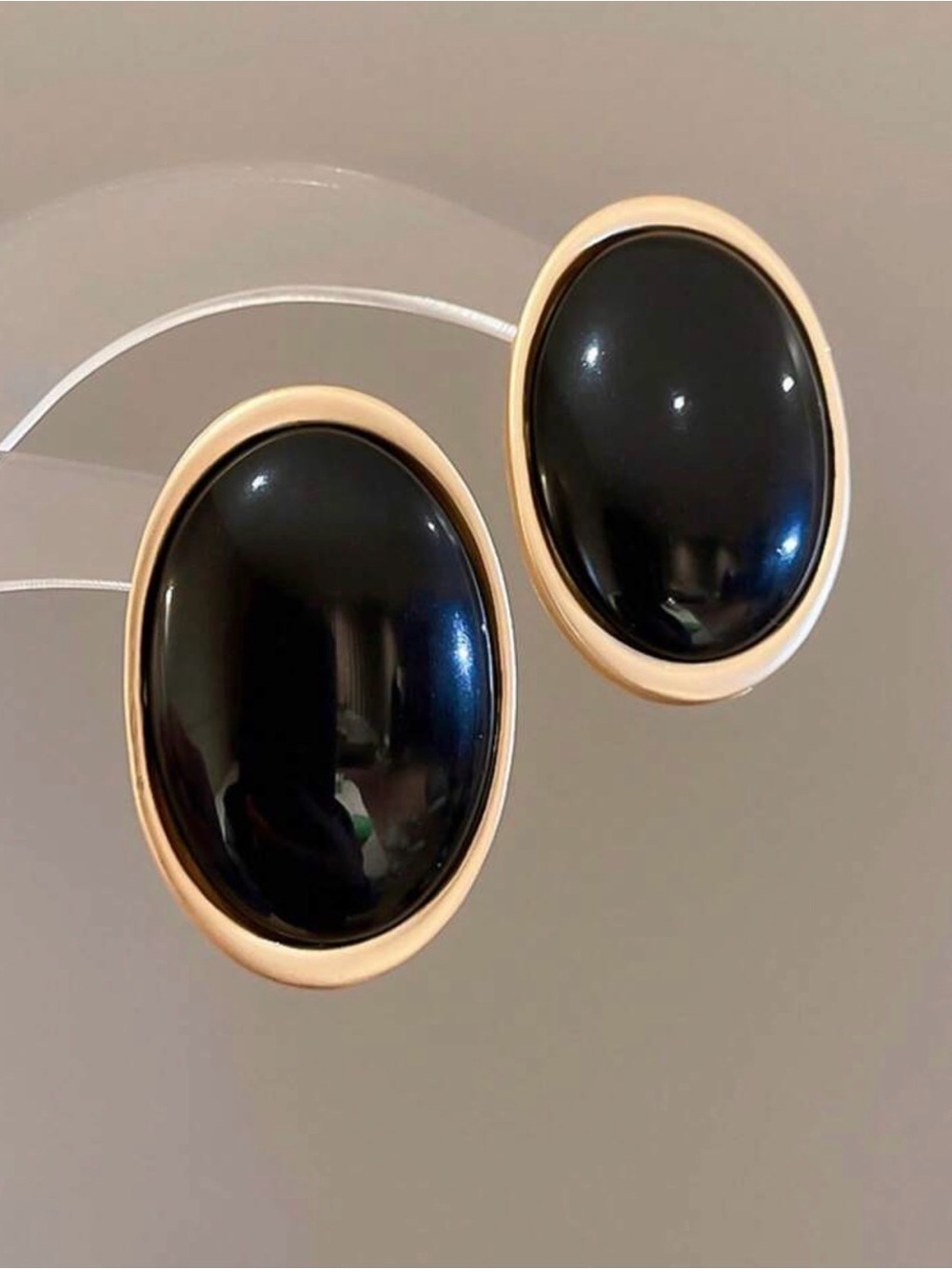 Black Oval Gold-Trim Statement Earrings